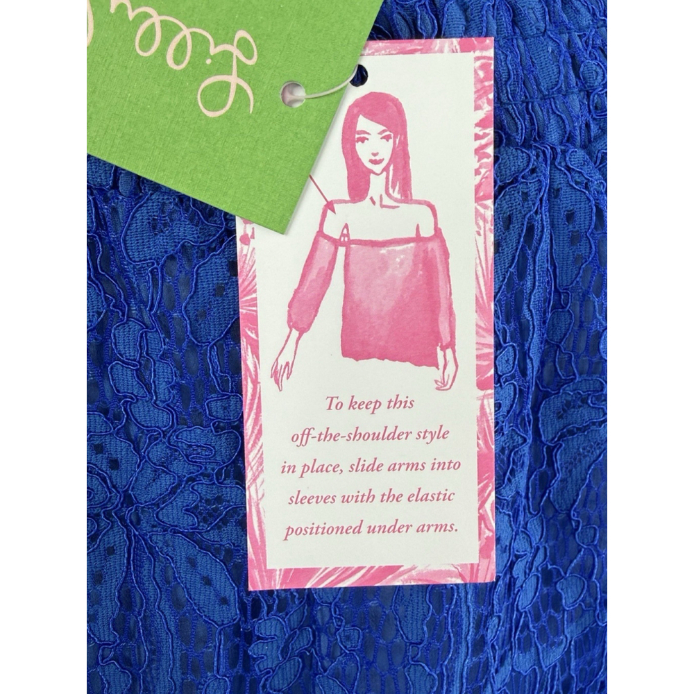 Lilly Pulitzer TOBYN XS Off The Shoulder Top Ikat Blue Palm Tree Lace Blouse - Picture 3 of 9